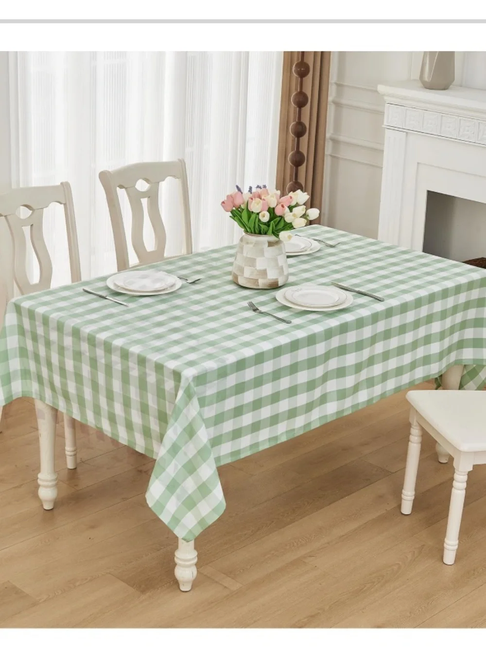 Gingham Tablecloth Cotton Blend Rectangular  95x55” GREEN WHITE